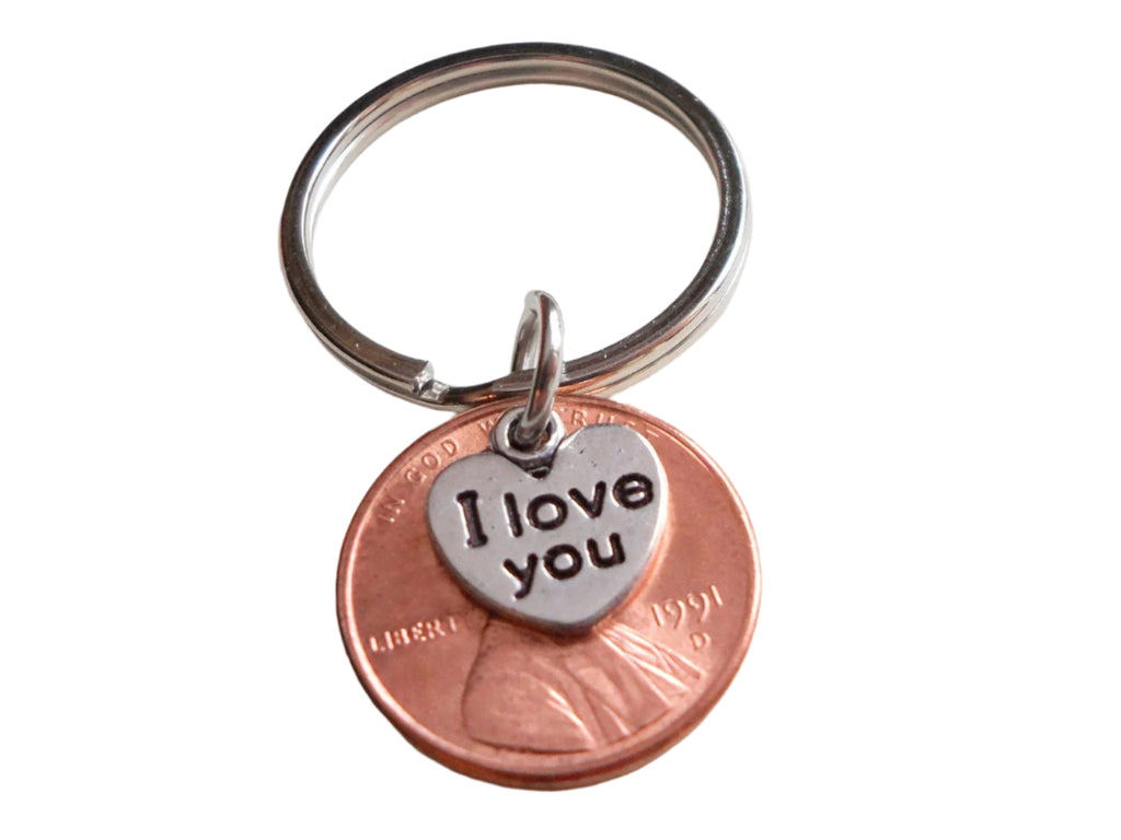 I Love You Heart Charm Layered Over 1991 Penny Keychain; 31 Year Anniversary Gift, Couples Keychain