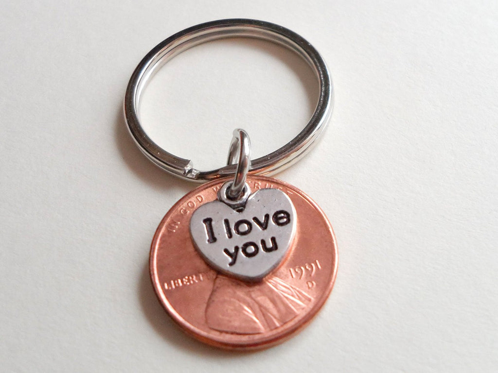 I Love You Heart Charm Layered Over 1991 Penny Keychain; 31 Year Anniversary Gift, Couples Keychain