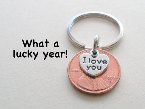 I Love You Heart Charm Layered Over 1992 Penny Keychain; 30 Year Anniversary Gift, Couples Keychain