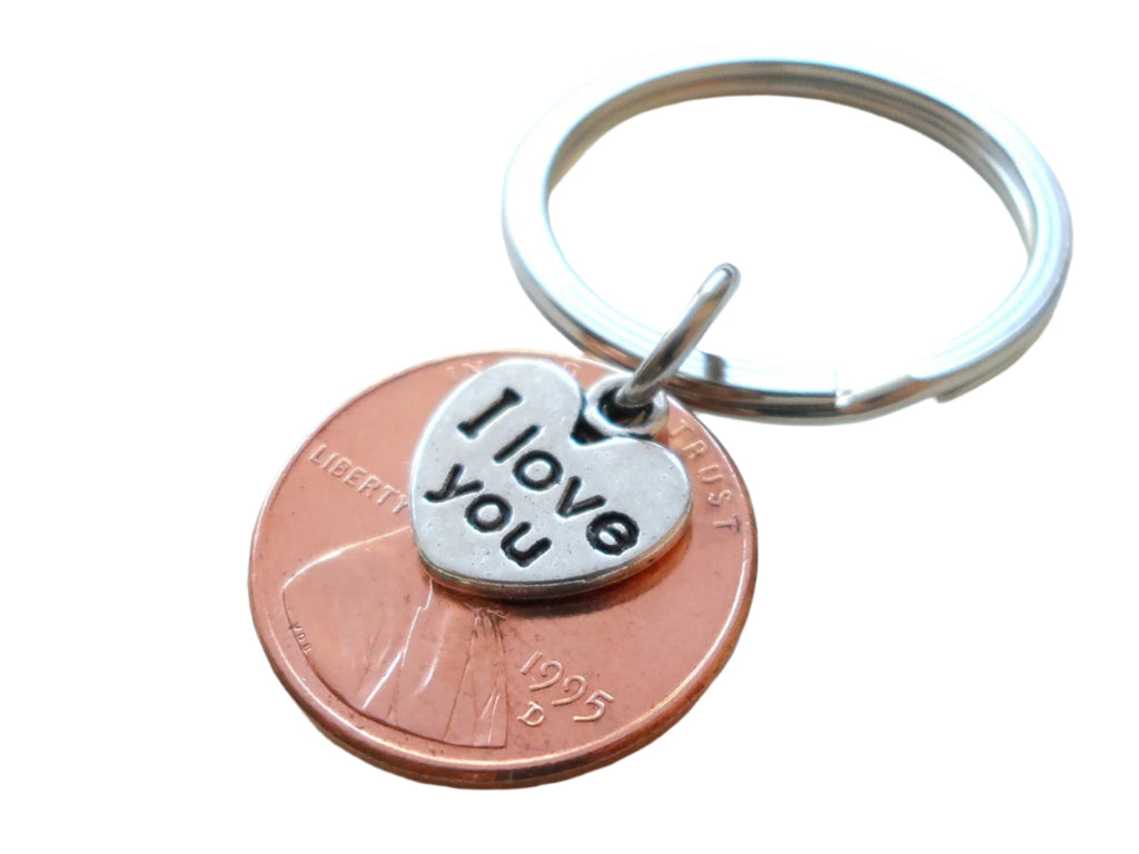 I Love You Heart Charm Layered Over 1995 Penny Keychain; 27 Year Anniversary Gift, Couples Keychain