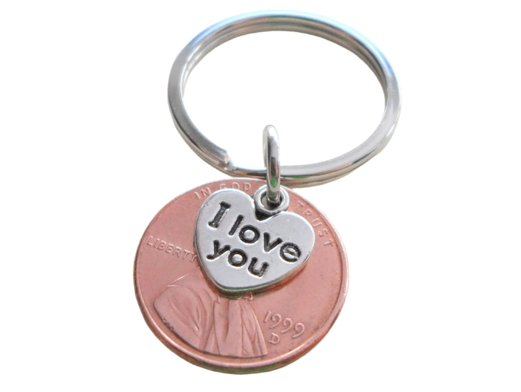 I Love You Heart Charm Layered Over 1999 Penny Keychain; 23 Year Anniversary Gift, Couples Keychain