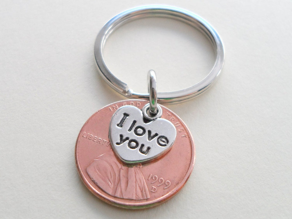 I Love You Heart Charm Layered Over 1999 Penny Keychain; 23 Year Anniversary Gift, Couples Keychain