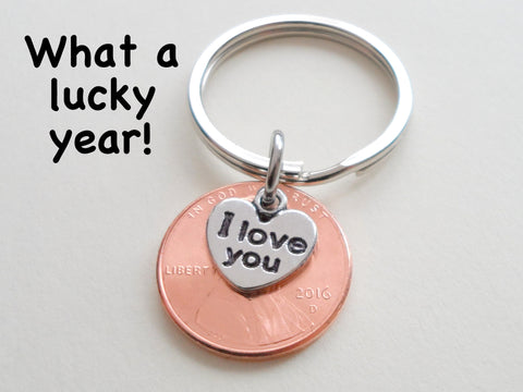 I Love You Heart Charm Layered Over 2016 Penny Keychain; 6 Year Anniversary Gift, Couples Keychain