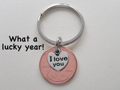 I Love You Heart Charm Layered Over 2017 Penny Keychain, Graduation Gift, Birthday Gift, Couples Keychain