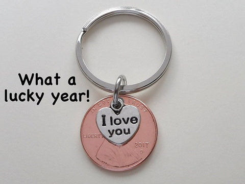 2017 Penny Keychain • 7-year Anniversary Gift w/ "I Love You" Heart Charm from JE