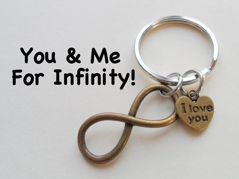 "I Love You" Heart Charm with Bronze Infinity Symbol Keychain - You and Me for Infinity; Couples Keychain