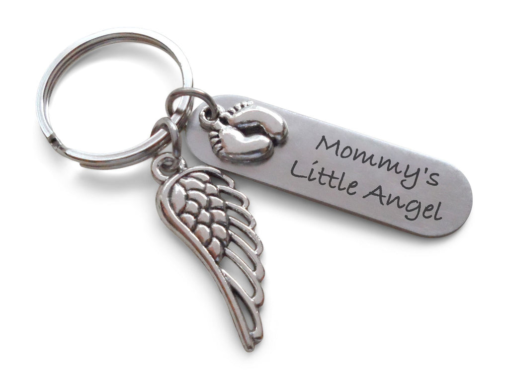 Mommy's Little Angel Engraved Keychain, Baby Memorial Keychain, Wing Charm and Baby Feet Charm