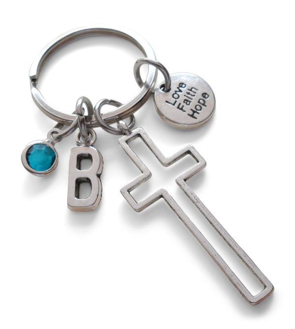 Custom Cross Charm Keychain with Love Faith Hope Circle Charm, Personalized with Letter Charm, Religious Christian Keychain