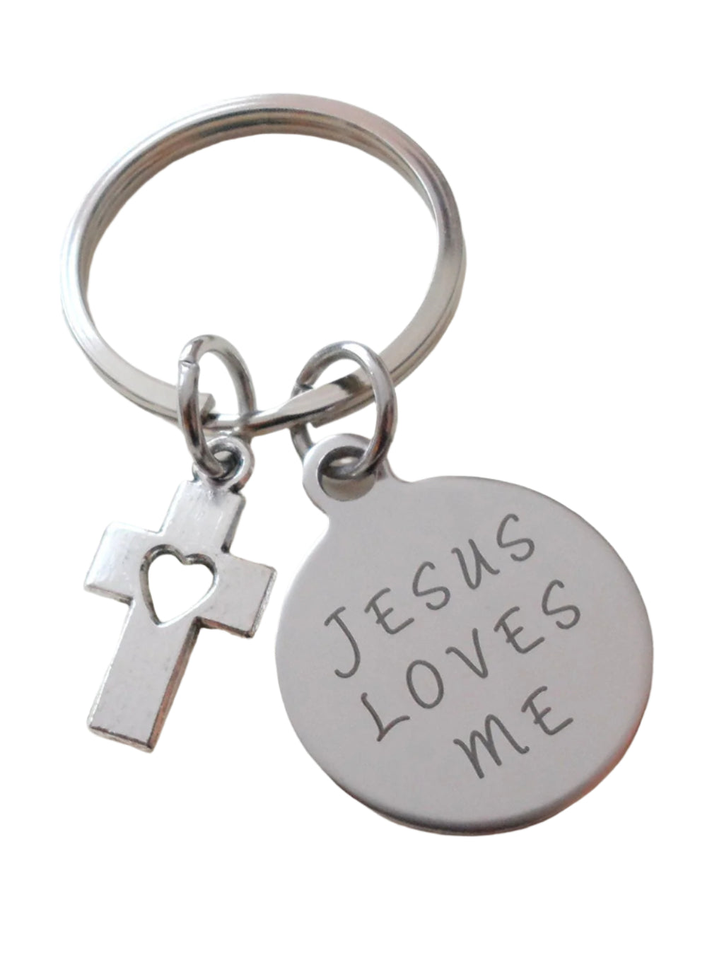 Jesus Loves Me Small Saying Disc Keychain with Small Cross Charm, Religious Keychain