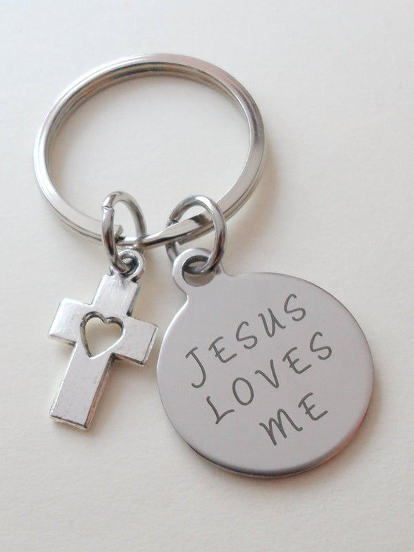 Jesus Loves Me Small Saying Disc Keychain with Small Cross Charm, Religious Keychain