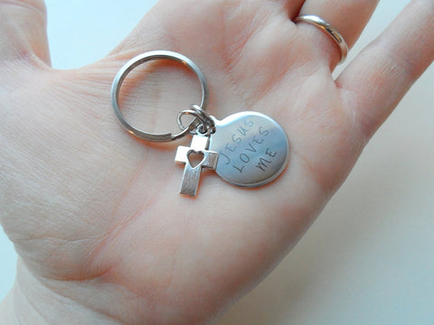 Jesus Loves Me Small Saying Disc Keychain with Small Cross Charm, Religious Keychain