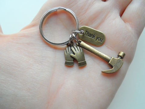 Bronze Hammer, Work Gloves, & Thank You Charm Keychain, Builder or Volunteer Appreciation Keychain