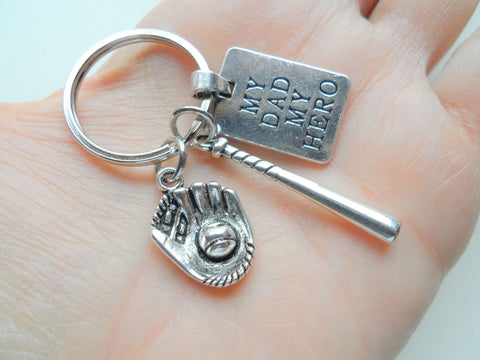 My Dad My Hero Keychain with Baseball Glove and Bat Charm, Father's Keychain