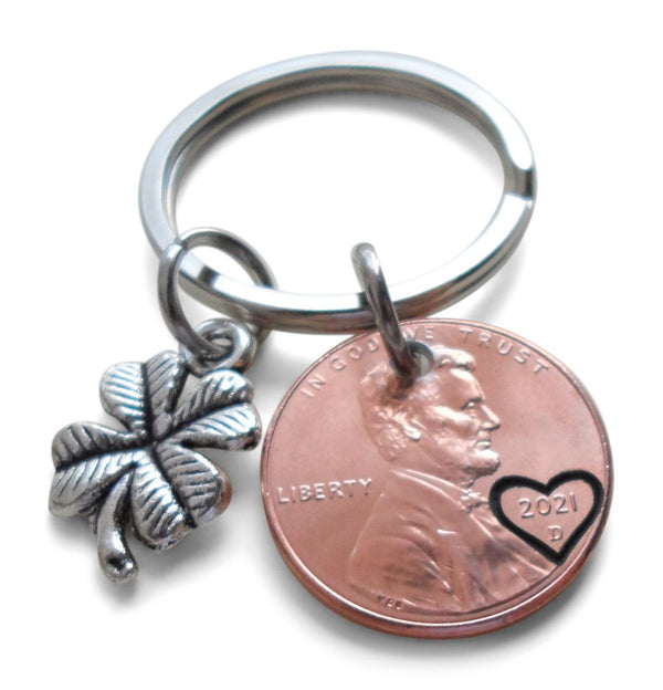2021 US One Cent Penny Keychain with Heart Around Year & Clover Charm; Anniversary, Couples Keychain