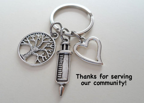 Small Tree Charm, Syringe, & Heart Charm Keychain, Nurse Gift, Hospital Staff Appreciation Gift, Medical Team Gift, Thank You Gift