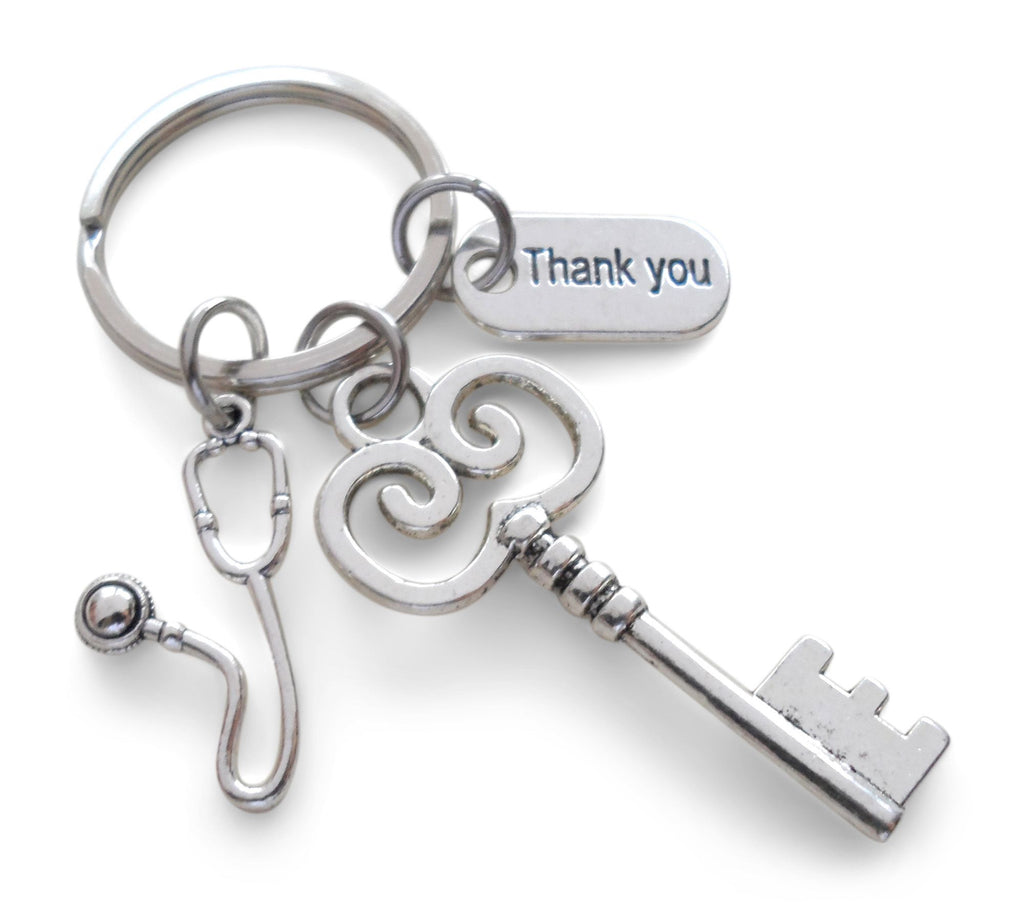 Key & Small Stethoscope Thank You Charm Keychain, Medical Professional Keychain, Nurse Appreciation Keychain