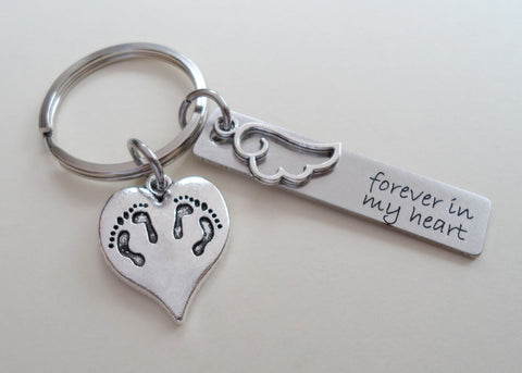 Forever In My Heart Engraved Rectangle Twin Babies Memorial Keychain, Twins Feet Heart Charm & Wing Charm