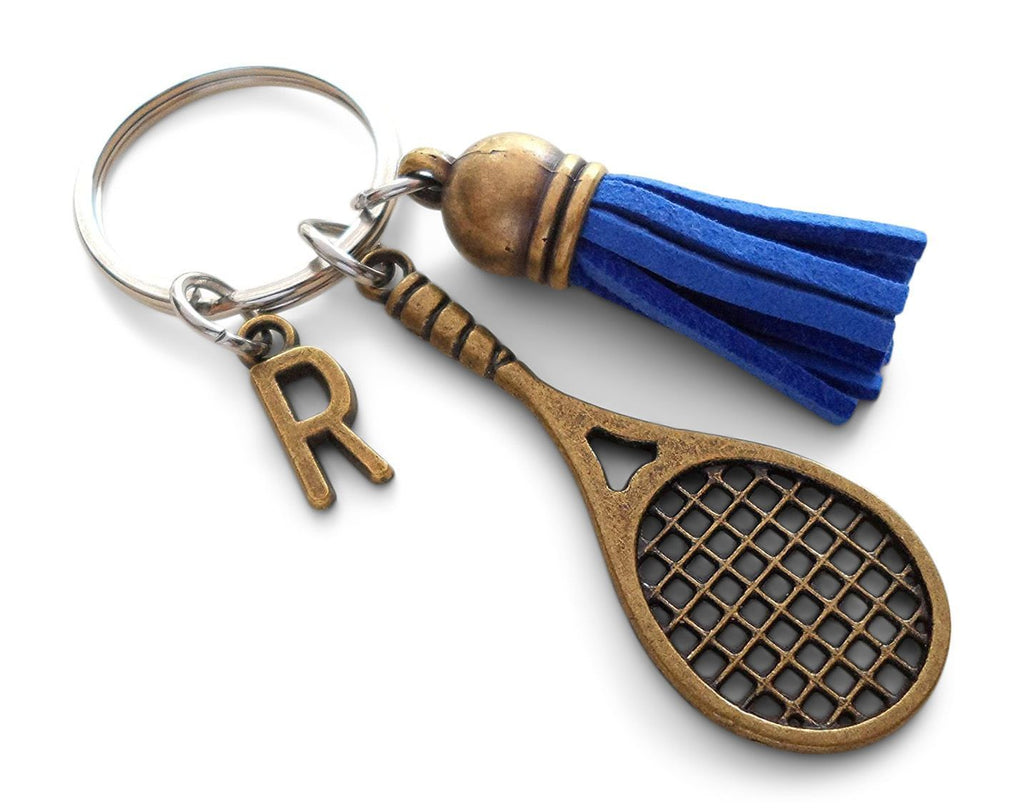 Custom Bronze Tennis Racket Charm & Tassel Keychain with Add-on Letter Charm, Graduate Keychain, Tennis Player Keychain