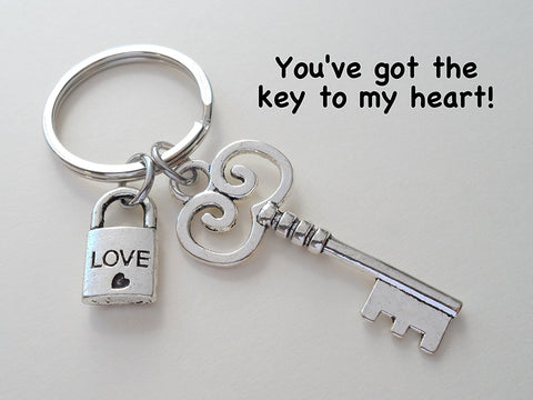 Key and Tiny Love Lock Keychain - You've Got The Key To My Heart; Couples Keychain