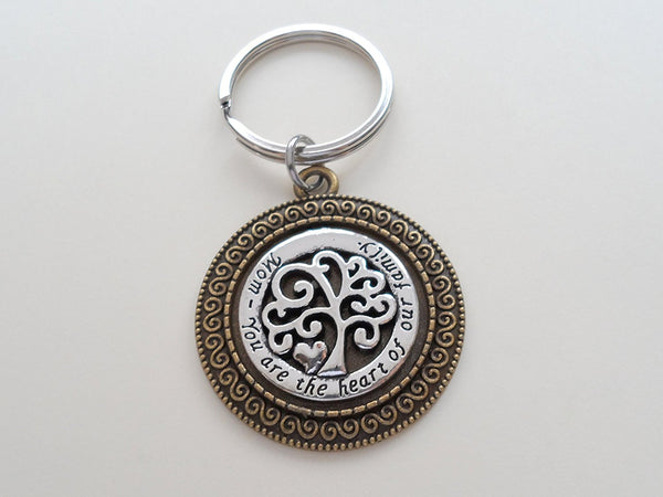 Keychain for Mom, 2 Tone Bronze and Silver Tree Charm with saying "Mom - You are the heart of our family"