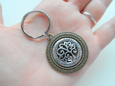 Keychain for Mom, 2 Tone Bronze and Silver Tree Charm with saying "Mom - You are the heart of our family"