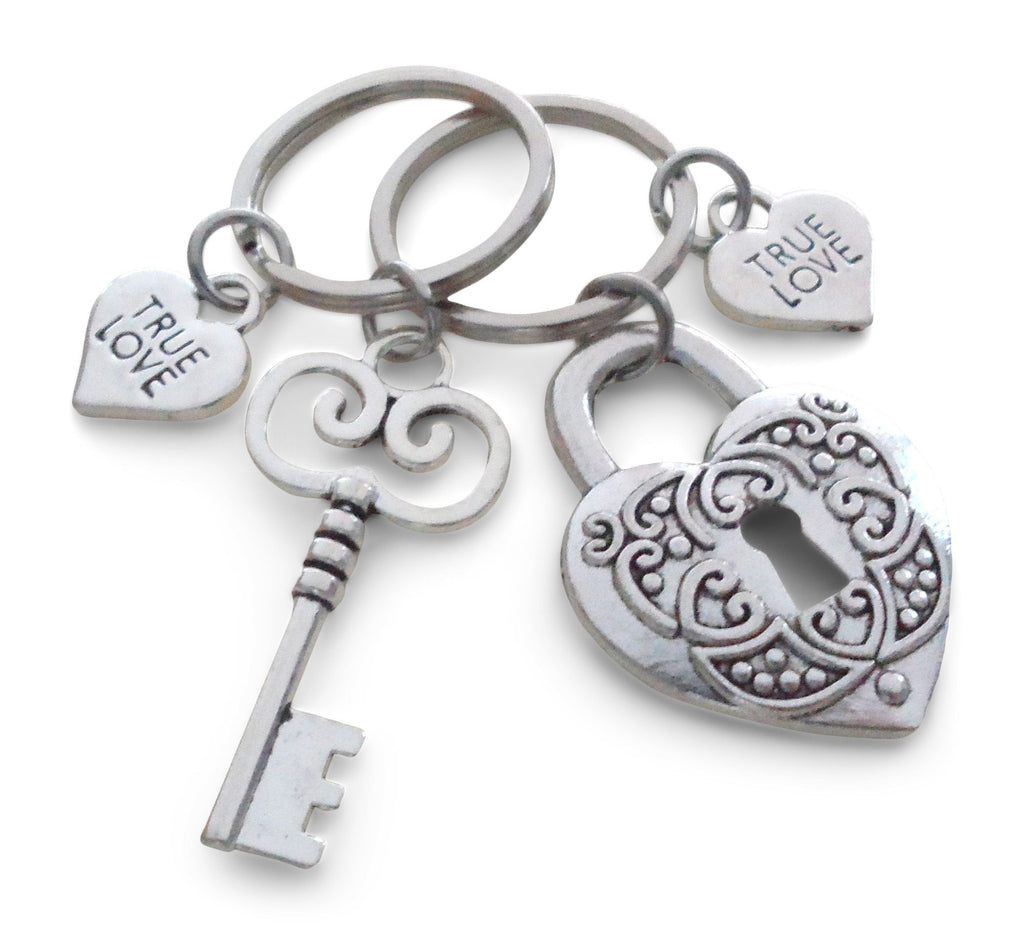 True Love Large Key and Heart Lock Keychain Set - Key To My Heart; Couples Keychain Set