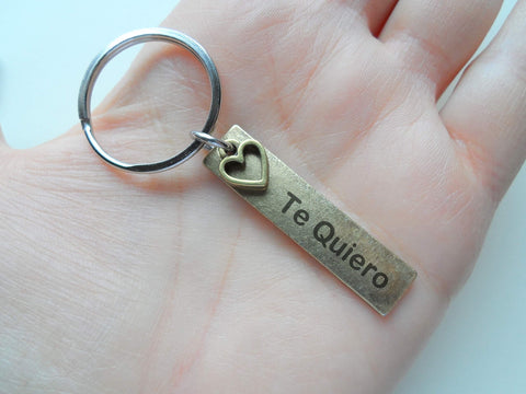 Small Antique Bronze Tag Keychain Engraved with "Te Quiero" (I Love You) in Spanish with Heart Charm, Couples Keychain