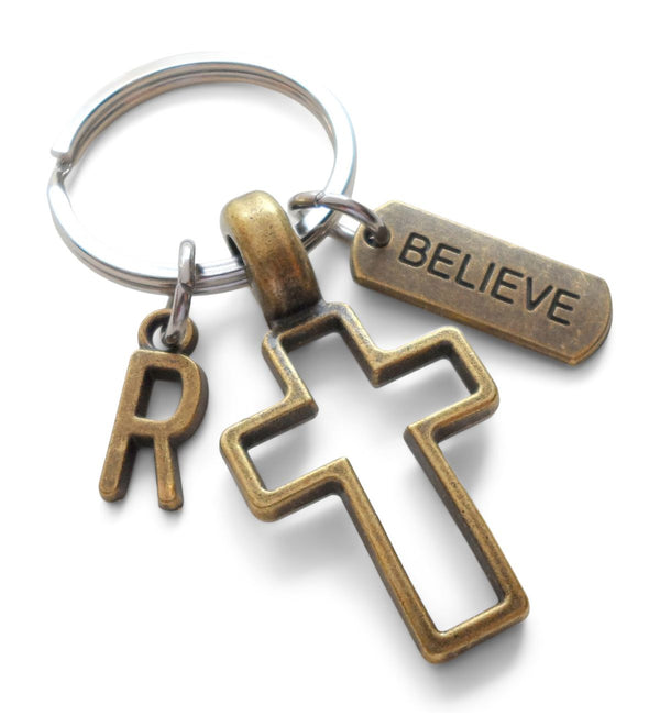 Custom Bronze Cross Charm Keychain with Believe Tag Charm, Personalized with Letter Charm, Religious Christian Keychain