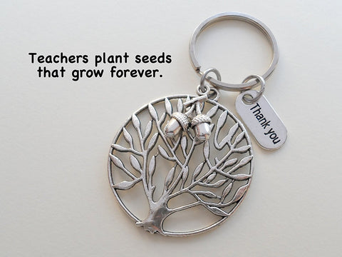 Teacher Appreciation Gifts • "Thank You" Tag, Large Filigree Tree Charm, & Acorns Charm Keychain by JewelryEveryday w/ "Teachers plant seeds that grow forever!" Card