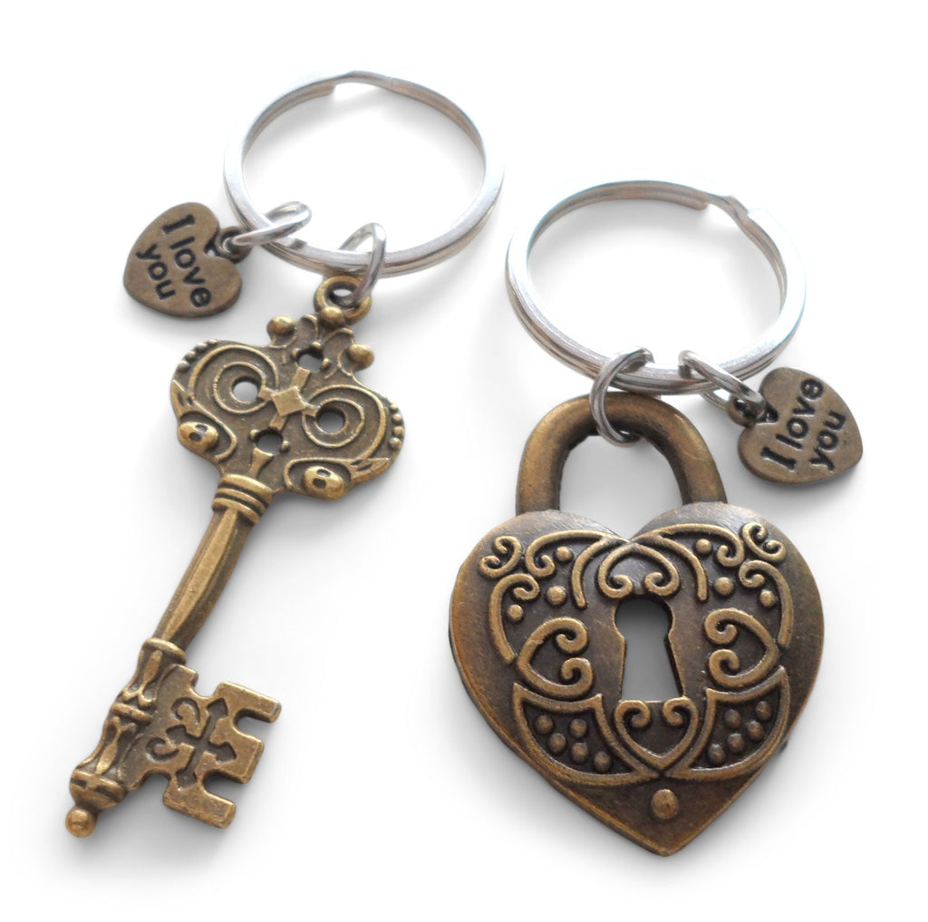 Bronze Key and Heart Lock Charm Keychain Set with I Love You Heart Charms- Key To My Heart; Couples Keychain Set