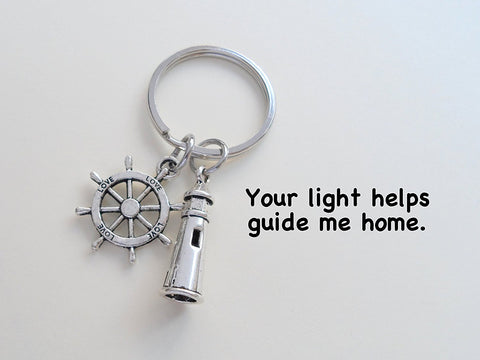Lighthouse Keychain With Ships Helm - "Your Light Helps Guide Me Home"