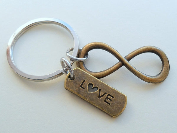Love Tag with Bronze Infinity Symbol Keychain - You and Me for Infinity; Couples Keychain
