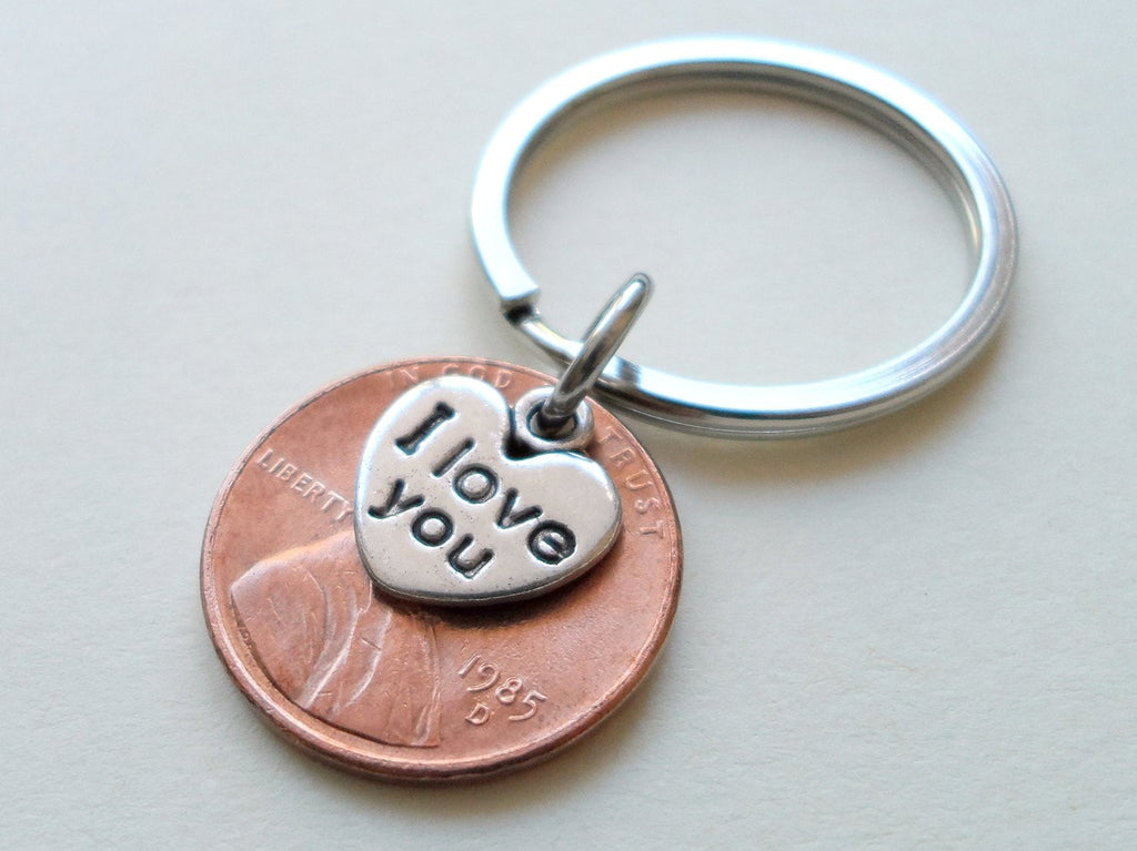 I Love You Heart Charm Layered Over 1985 Penny Keychain; 37 Year Anniversary Gift, Couples Keychain