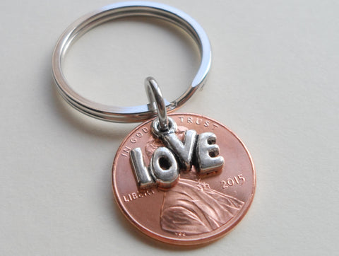 Lucky in Love 2015 Penny Keychain with Love Charm Layered Over; 7 Year Anniversary Gift, Couples Keychain