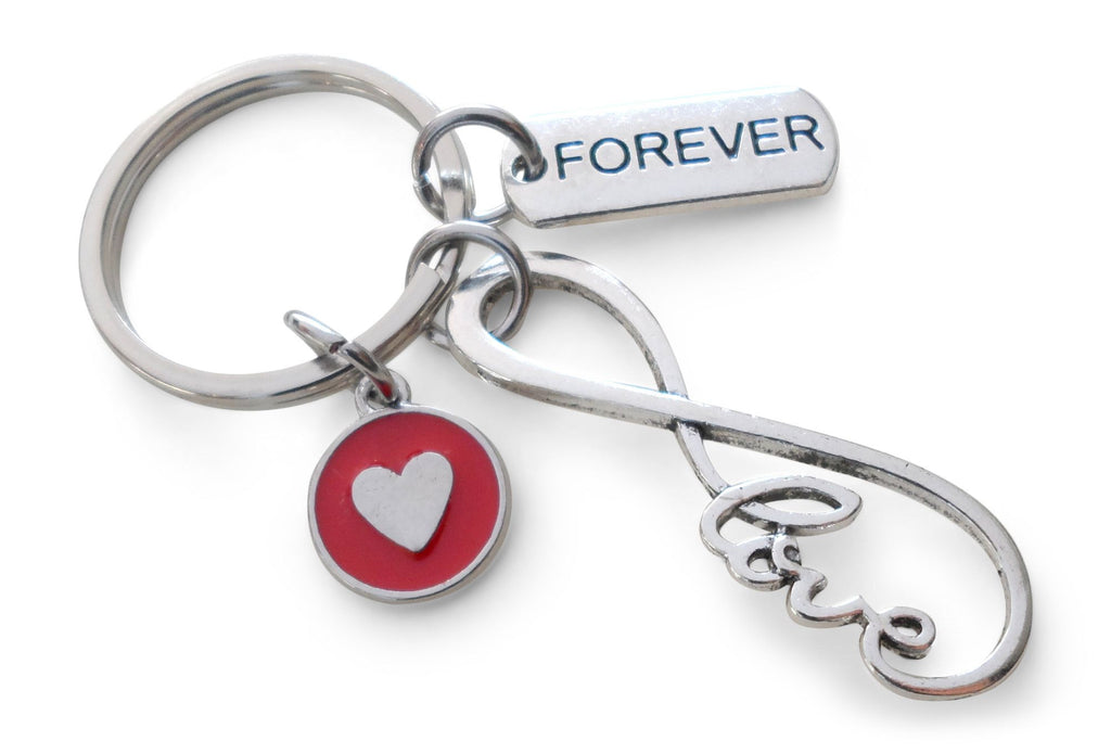 Infinity Love Symbol Keychain with Forever Tag & Red Heart Charm- You & Me For Infinity; Couples Keychain