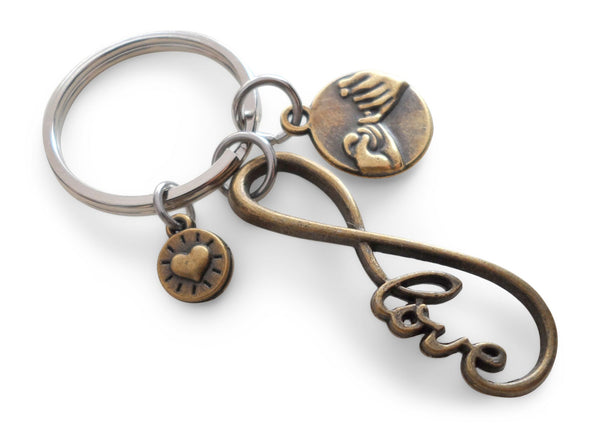 Bronze Infinity Love Charm Keychain with Pinky Promise & Heart Charm, Couples Keychain