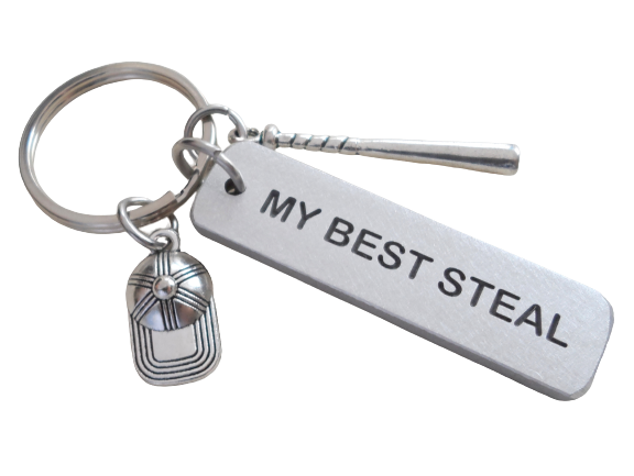 Baseball or Softball Keychain with "My Best Steal" Engraved on Aluminum Tag with Baseball Cap & Bat Charm