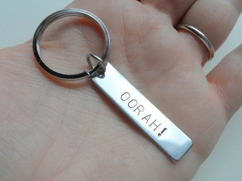 Marine Corps Keychain, "Oorah" Hand Stamped on Stainless Steel Keychain Tag