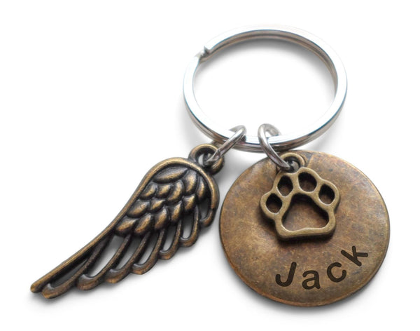 Custom Bronze Paw & Wing Charm Keychain with Engraved Disc, Pet Loss Gift, Dog Memorial Keychain