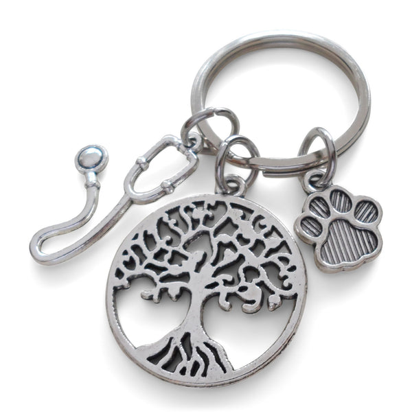 Veterinarian Appreciation Keychain, Veterinary Hospital Staff Gift, Pet & Animal Care Medical Professional; Tree, Paw Print & Stethoscope Charm Keychain