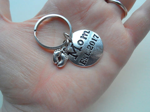 Mom Est. 2017 Disc Keychain with Baby Feet Charm; Mother's Keychain