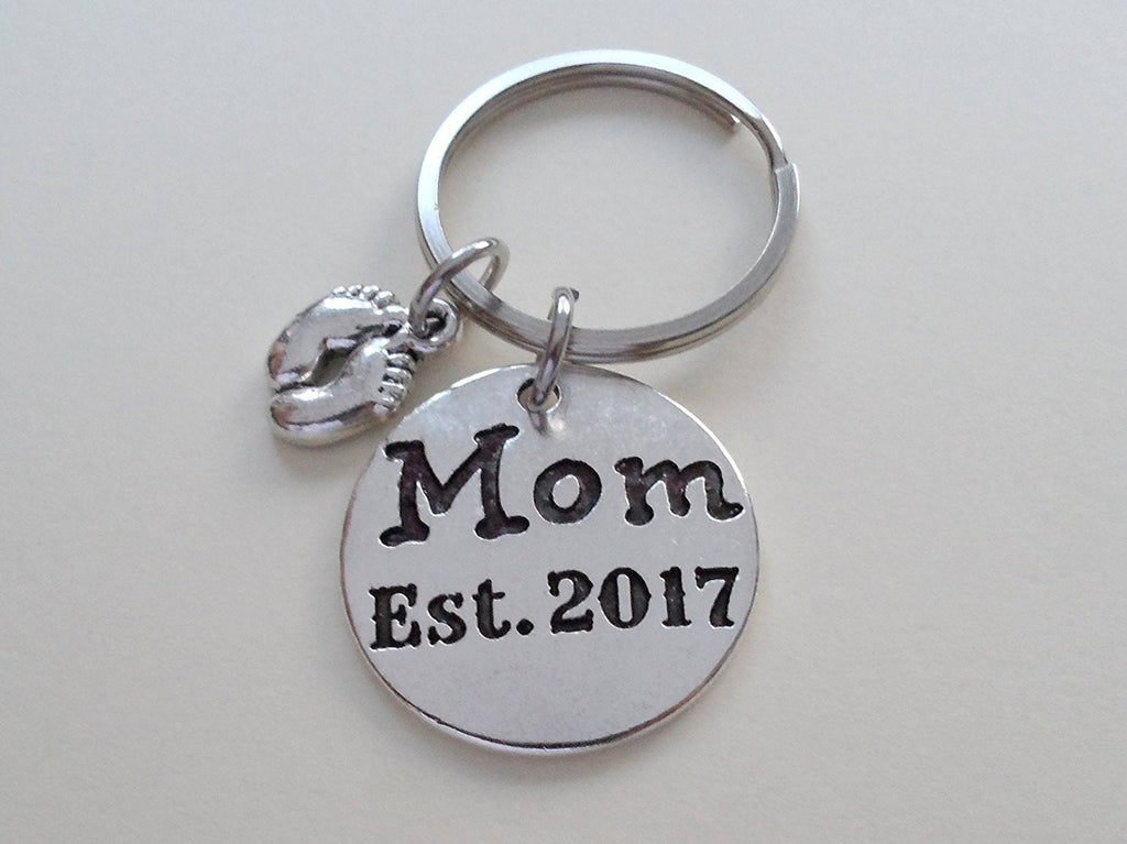 Mom Est. 2017 Disc Keychain with Baby Feet Charm; Mother's Keychain