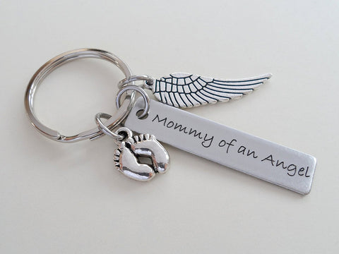 Baby Memorial Keychain • Engraved "Mommy of an Angel" w/ Baby Feet & Wings Charm | Jewelry Everyday