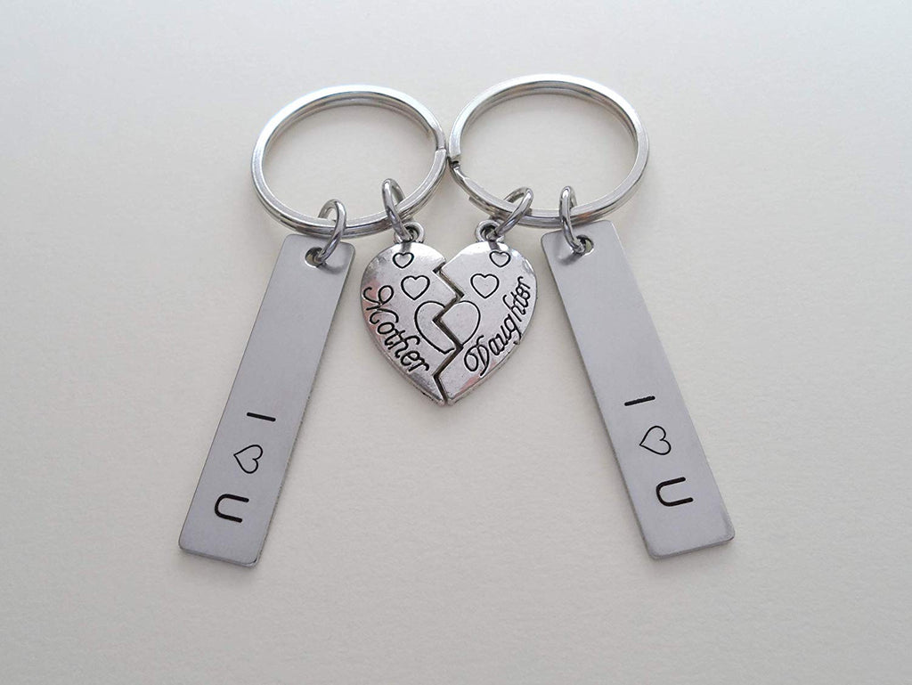 Mother Daughter Connecting Heart Keychain Set, With Engraved I Heart U Tags