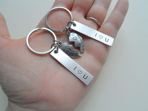 Mother Daughter Connecting Heart Keychain Set, With Engraved I Heart U Tags
