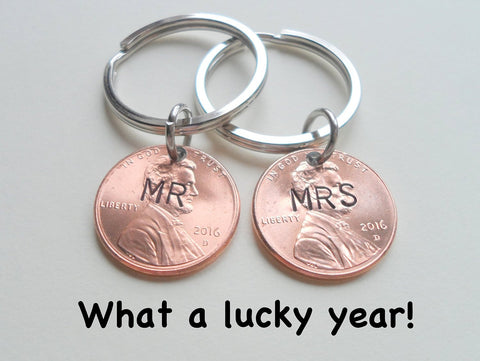 Mr and Mrs Hand Stamped Penny Couples Keychain Set; Anniversary Gift, Couples Keychains