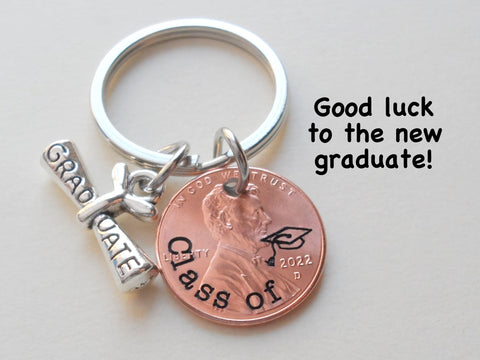 Class of 2024 Engraved Good Luck Penny Keychain with Graduate Scroll Charm, Graduation Keychain