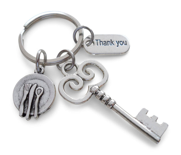 Key, Dinner Plate & Thank You Charm Keychain, Food Server, School Lunch Serving Staff Appreciation