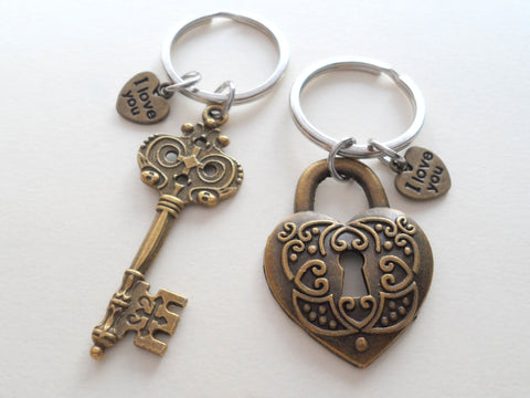 Bronze Key and Heart Lock Charm Keychain Set with I Love You Heart Charms- Key To My Heart; Couples Keychain Set