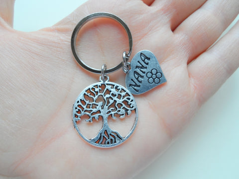 Nana Heart Charm with Tree Charm Keychain for Grandma, Mother's Day Gift